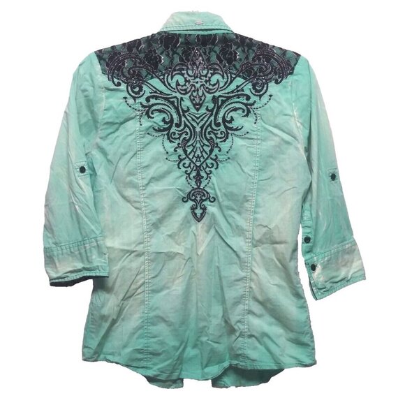 Roar Western Shirt Womens Sz L Slim Embroidered Rhinestones Cowgirl green black - Picture 2 of 12